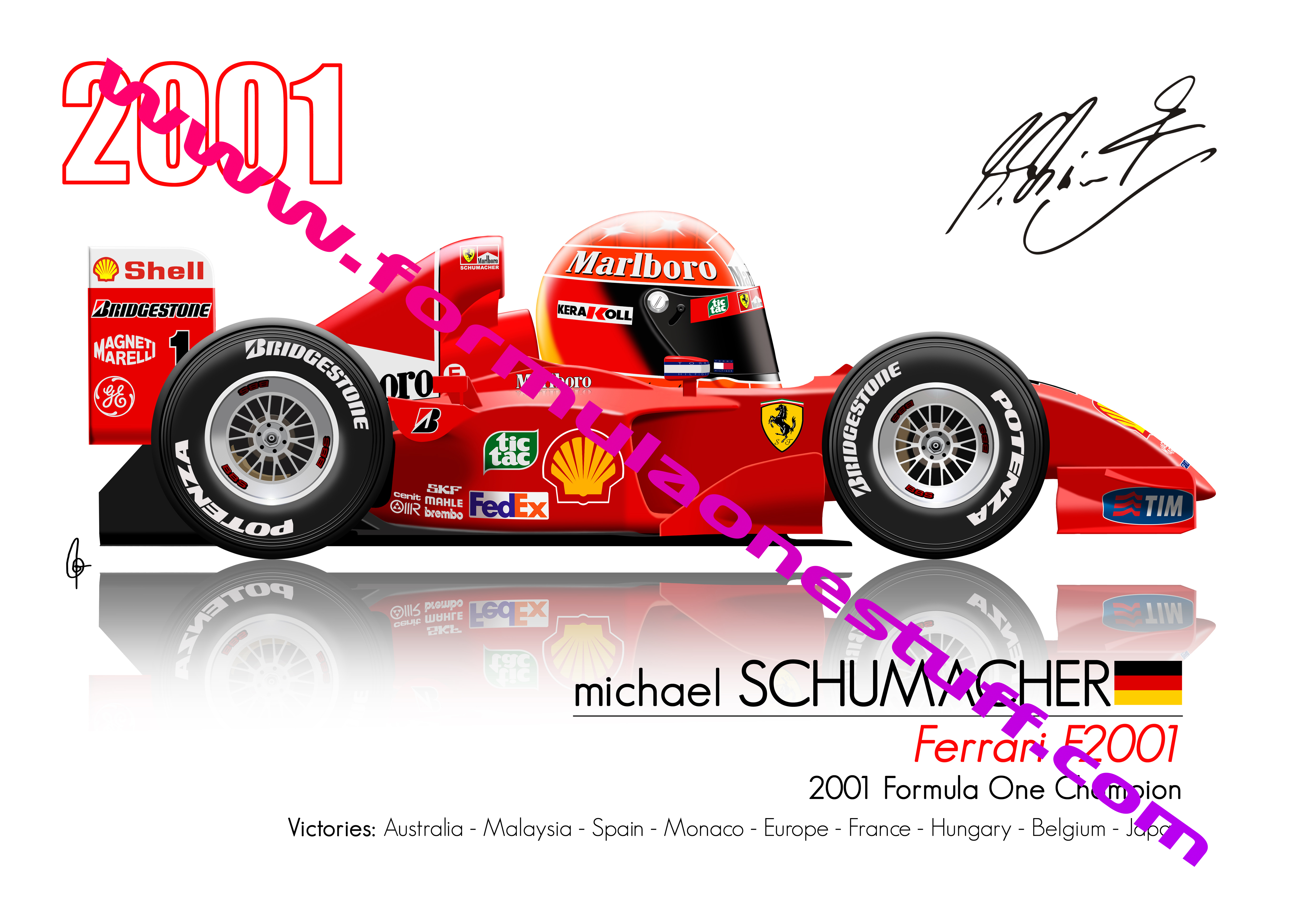 Signed TOONZ Ferrari Michael Schumacher 2001 F1 driver cartoon poster – limited edition A3 satin print
